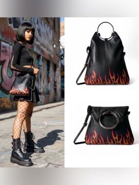 Black and Red Flame Design Bag Silver tone ring handle or crossbody NWT